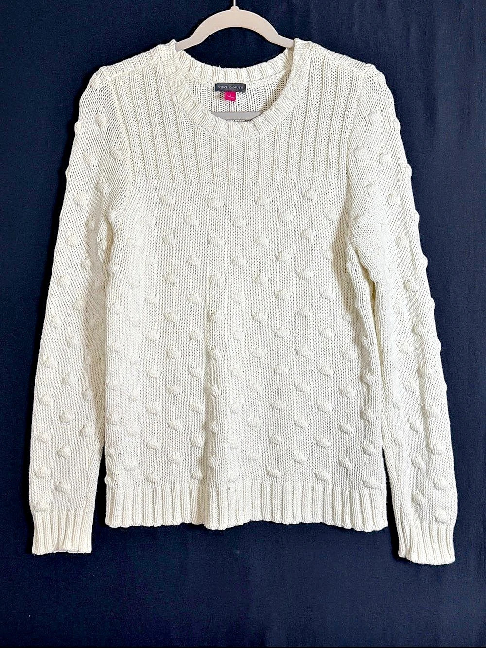 Vince Camuto Textured Knit Crewneck Cream Cotton Fair Isle Fisherman Cozy Soft